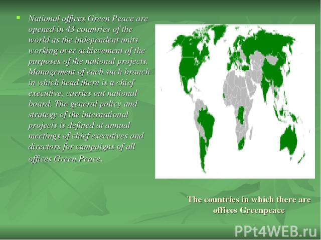 The countries in which there are offices Greenpeace National offices Green Peace are opened in 43 countries of the world as the independent units working over achievement of the purposes of the national projects. Management of each such branch in wh…