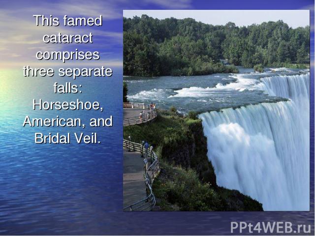 This famed cataract comprises three separate falls: Horseshoe, American, and Bridal Veil.