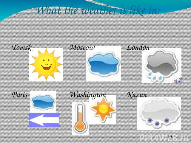 What the weather is like in: Tomsk Moscow London Paris Washington Kazan