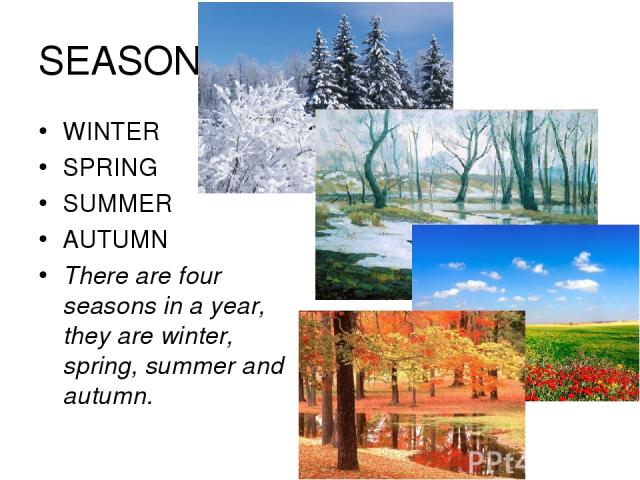 SEASONS WINTER SPRING SUMMER AUTUMN There are four seasons in a year, they are winter, spring, summer and autumn.