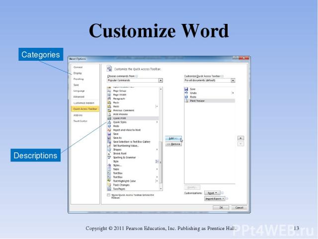 Customize Word Copyright © 2011 Pearson Education, Inc. Publishing as Prentice Hall. * Categories Descriptions Copyright © 2011 Pearson Education, Inc. Publishing as Prentice Hall.