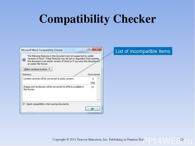 Compatibility Checker Copyright © 2011 Pearson Education, Inc. Publishing as Prentice Hall. * List of incompatible items Copyright © 2011 Pearson Education, Inc. Publishing as Prentice Hall.