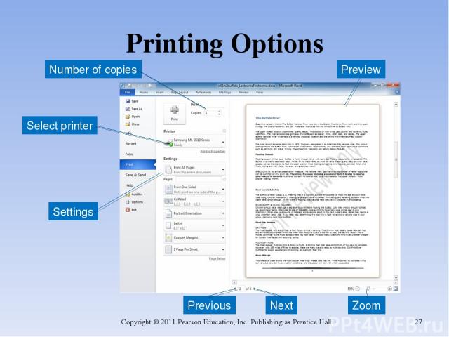 Printing Options Copyright © 2011 Pearson Education, Inc. Publishing as Prentice Hall. * Select printer Number of copies Settings Preview Next Previous Zoom Copyright © 2011 Pearson Education, Inc. Publishing as Prentice Hall.
