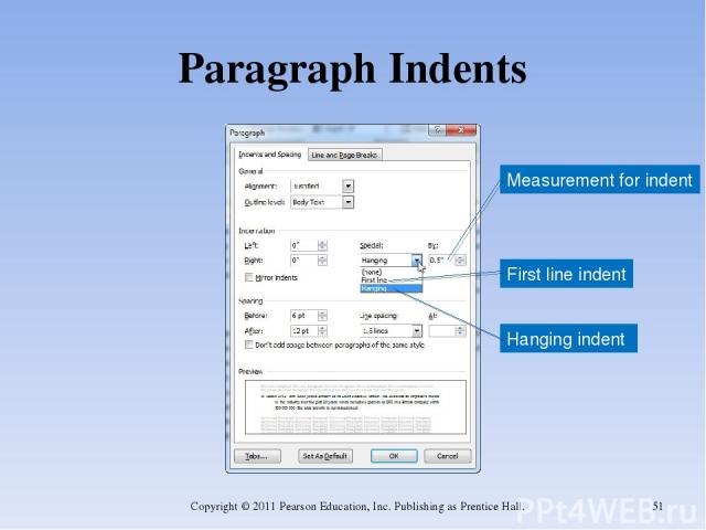 Paragraph Indents Copyright © 2011 Pearson Education, Inc. Publishing as Prentice Hall. * Hanging indent First line indent Measurement for indent Copyright © 2011 Pearson Education, Inc. Publishing as Prentice Hall.