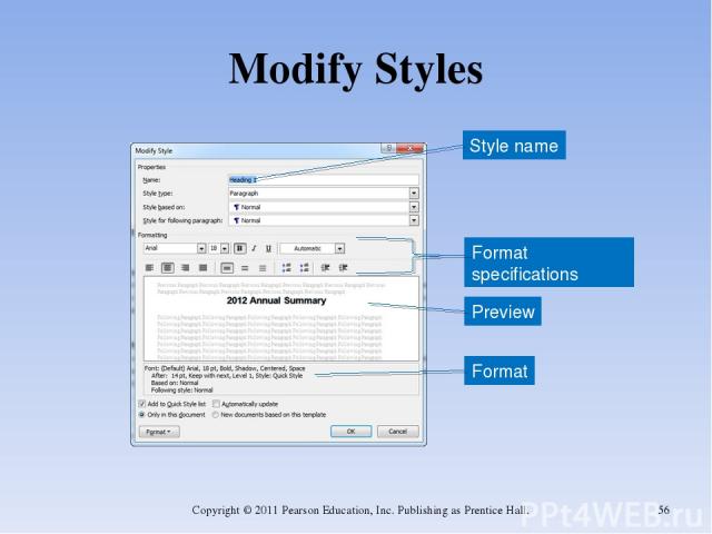 Modify Styles Copyright © 2011 Pearson Education, Inc. Publishing as Prentice Hall. * Style name Preview Format specifications Format Copyright © 2011 Pearson Education, Inc. Publishing as Prentice Hall.