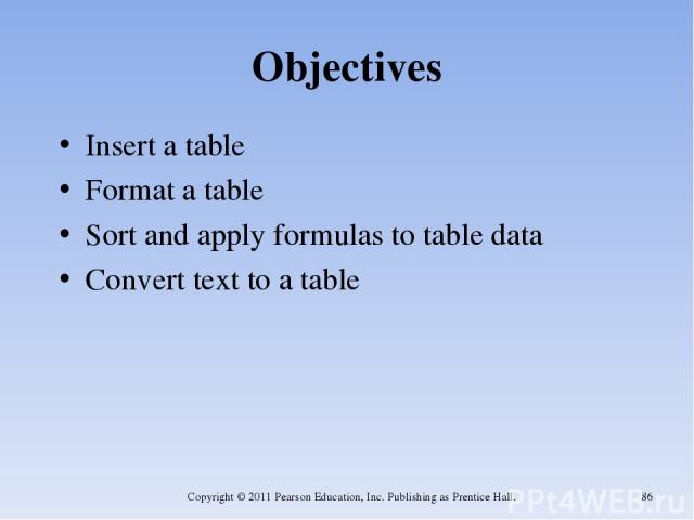 Objectives Insert a table Format a table Sort and apply formulas to table data Convert text to a table Copyright © 2011 Pearson Education, Inc. Publishing as Prentice Hall. * Copyright © 2011 Pearson Education, Inc. Publishing as Prentice Hall.