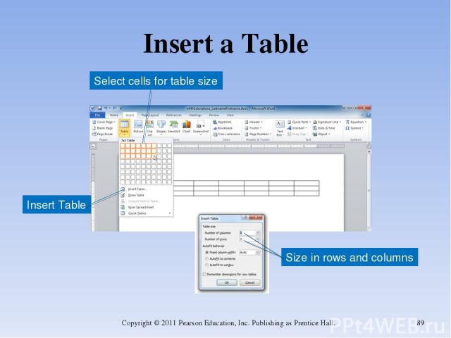 Insert a Table Copyright © 2011 Pearson Education, Inc. Publishing as Prentice Hall. * Insert Table Size in rows and columns Select cells for table size Copyright © 2011 Pearson Education, Inc. Publishing as Prentice Hall.