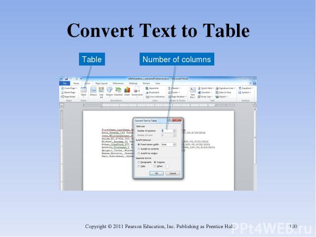 Convert Text to Table Copyright © 2011 Pearson Education, Inc. Publishing as Prentice Hall. * Table Number of columns Copyright © 2011 Pearson Education, Inc. Publishing as Prentice Hall.