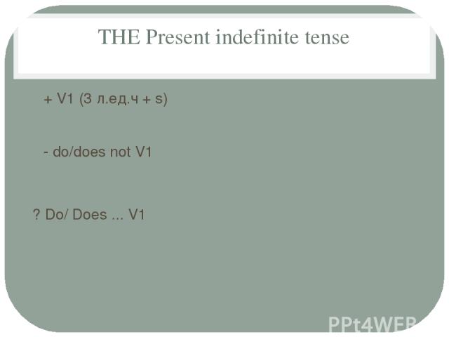THE Present indefinite tense + V1 (3 л.ед.ч + s) - do/does not V1 ? Do/ Does ... V1 + He lives in London. They live in London. - He doesn't live in London. They don't live in London. ? Does he live in London? Yes, he does. No, he does not. Do they l…