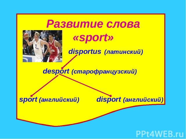 Развитие слова «sport» disportus (латинский) desport (старофранцузский) sport (английский) disport (английский)