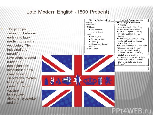 Late-Modern English (1800-Present) The principal distinction between early- and late-modern English is vocabulary. The industrial and scientific revolutions created a need for neologisms to describe the new creations and discoveries. Words like oxyg…