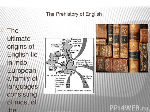 The Prehistory of English The ultimate origins of English lie in Indo-European , a family of languages consisting of most of the languages of Europe as well as those of Iran, the Indian subcontinent, and other parts of Asia. Because little is known …