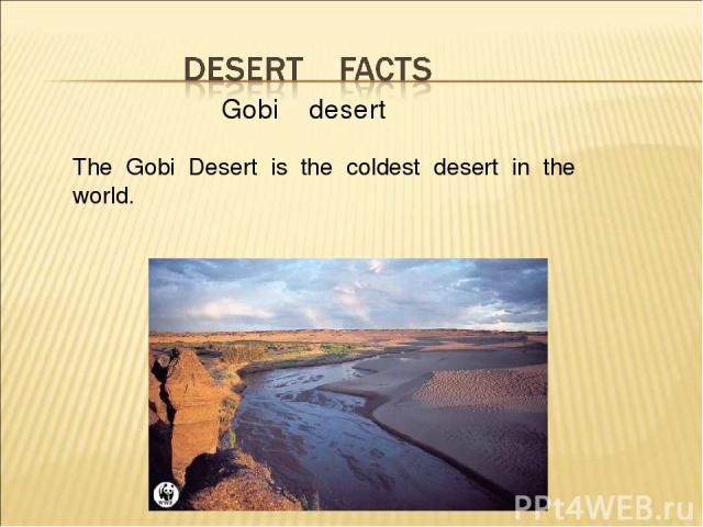 Gobi desert The Gobi Desert is the coldest desert in the world.
