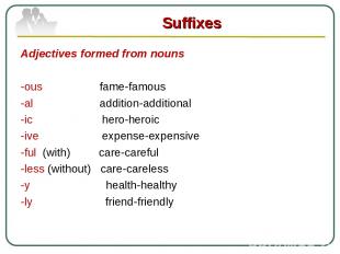 Adjectives formed from nouns   -ous fame-famous -al addition-additional -ic hero