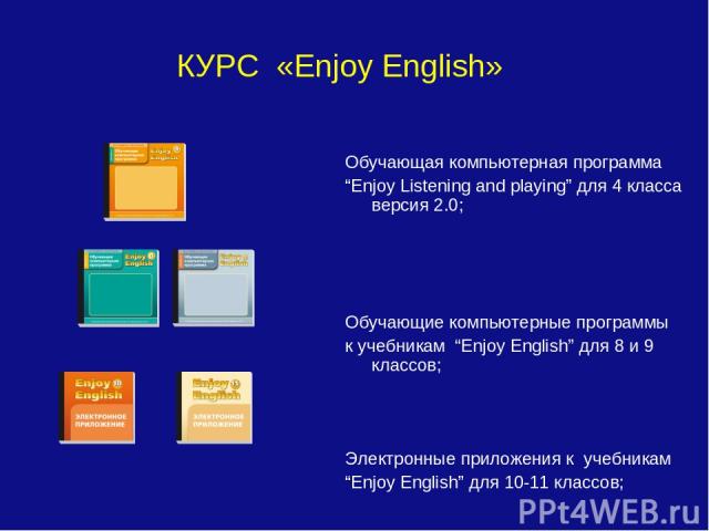 КУРС «Enjoy English» Обучающая компьютерная программа “Enjoy Listening and playing” для 4 класса версия 2.0; Обучающие компьютерные программы к учебникам “Enjoy English” для 8 и 9 классов; Электронные приложения к учебникам “Enjoy English” для 10-11…