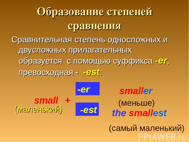 Образование степеней сравнения Сравнительная степень односложных и двусложных прилагательных образуется с помощью суффикса -er, превосходная - -est: small + -er -est smaller (меньше) the smallest (самый маленький) (маленький)