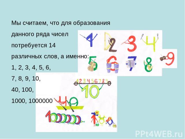 Мы считаем, что для образования данного ряда чисел потребуется 14 различных слов, а именно: 1, 2, 3, 4, 5, 6, 7, 8, 9, 10, 40, 100, 1000, 1000000