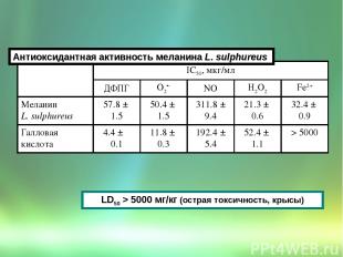 Антиоксидантная активность меланина L. sulphureus LD50 > 5000 мг/кг (острая токс