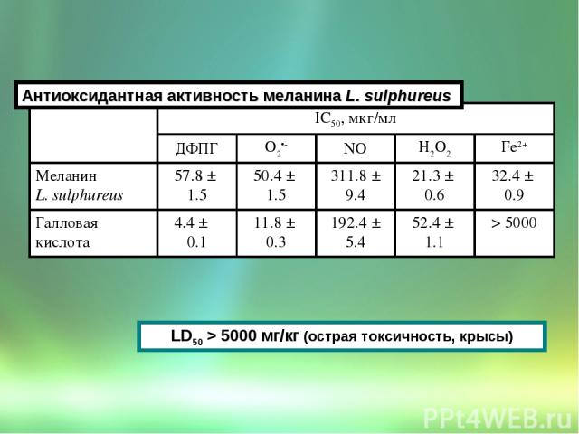 Антиоксидантная активность меланина L. sulphureus LD50 > 5000 мг/кг (острая токсичность, крысы) IC50, мкг/мл ДФПГ О2•- NO Н2О2 Fe2+ Меланин L. sulphureus 57.8 ± 1.5 50.4 ± 1.5 311.8 ± 9.4 21.3 ± 0.6 32.4 ± 0.9 Галловая кислота 4.4 ± 0.1 11.8 ± 0.3 1…