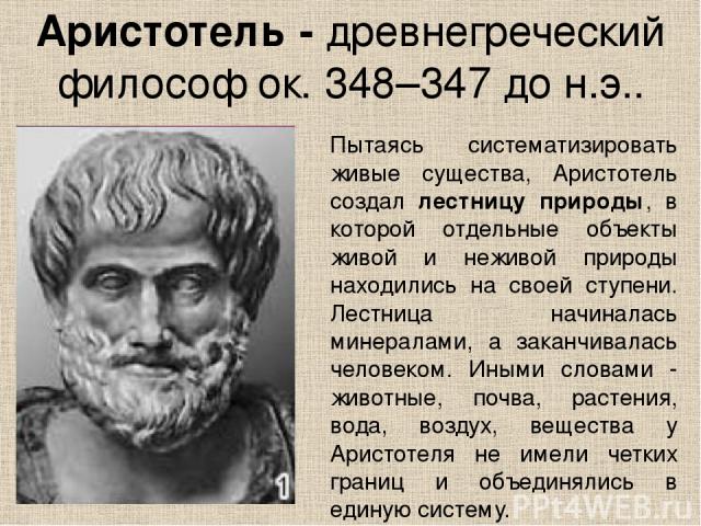 Аристотель - древнегреческий философ ок. 348–347 до н.э.. Пытаясь систематизировать живые существа, Аристотель создал лестницу природы, в которой отдельные объекты живой и неживой природы находились на своей ступени. Лестница начиналась минералами, …