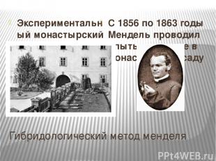 Гибридологический метод менделя Экспериментальный монастырский сад С 1856 по 186