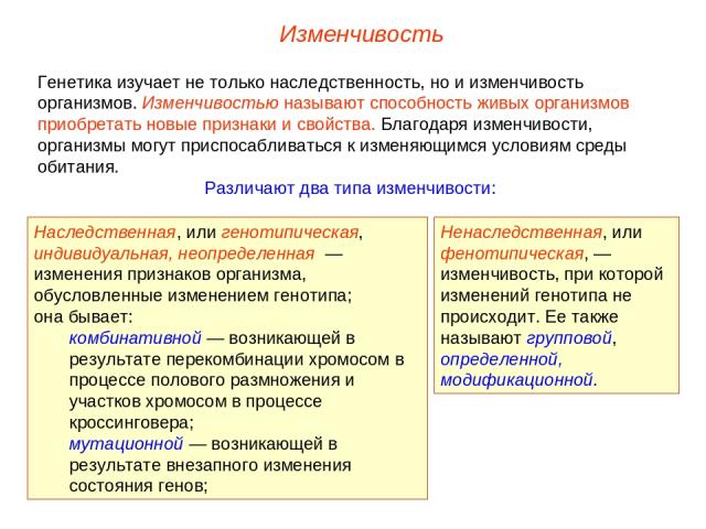 Изменчивость Генетика изучает не только наследственность, но и изменчивость организмов. Изменчивостью называют способность живых организмов приобретать новые признаки и свойства. Благодаря изменчивости, организмы могут приспосабливаться к изменяющим…