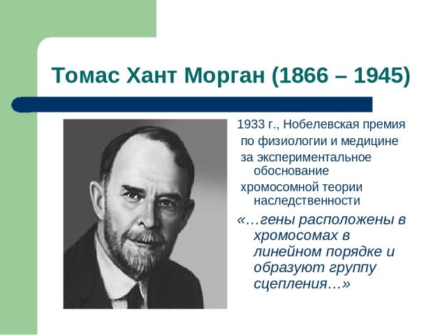 Томас Хант Морган (1866 – 1945) 1933 г., Нобелевская премия по физиологии и медицине за экспериментальное обоснование хромосомной теории наследственности «…гены расположены в хромосомах в линейном порядке и образуют группу сцепления…»