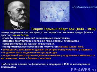 Mycobacterium tuberculosis Генрих Герман Роберт Кох (1843 – 1910) метод выделени