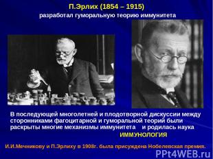 П.Эрлих (1854 – 1915) разработал гуморальную теорию иммунитета В последующей мно