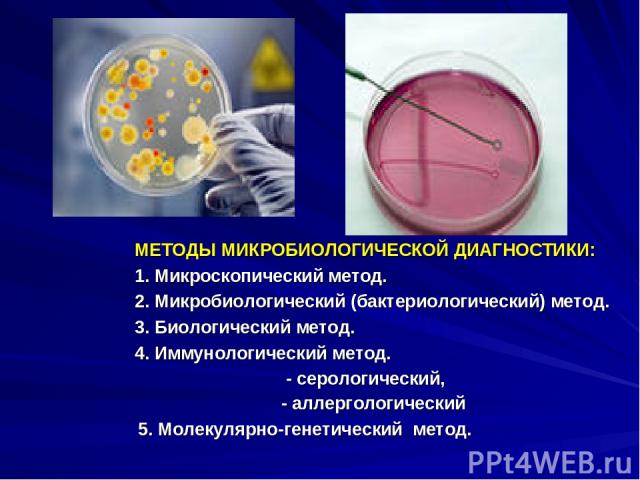 МЕТОДЫ МИКРОБИОЛОГИЧЕСКОЙ ДИАГНОСТИКИ: 1. Микроскопический метод. 2. Микробиологический (бактериологический) метод. 3. Биологический метод. 4. Иммунологический метод. - серологический, - аллергологический 5. Молекулярно-генетический метод.
