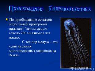 По преобладанию остатков медуз конец протерозоя называют "веком медуз« (около 70