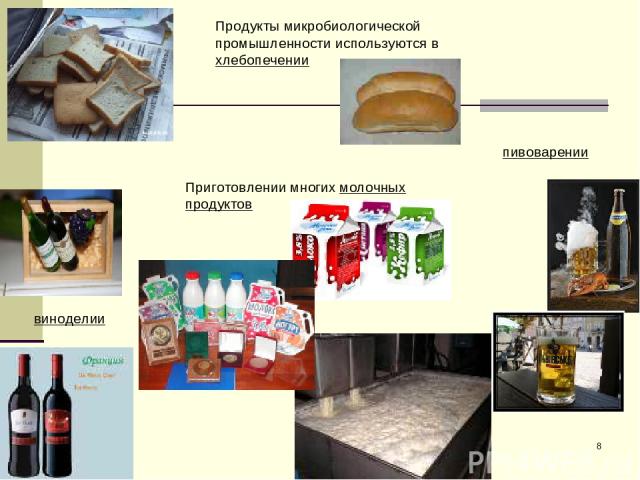 * Продукты микробиологической промышленности используются в хлебопечении пивоварении виноделии Приготовлении многих молочных продуктов