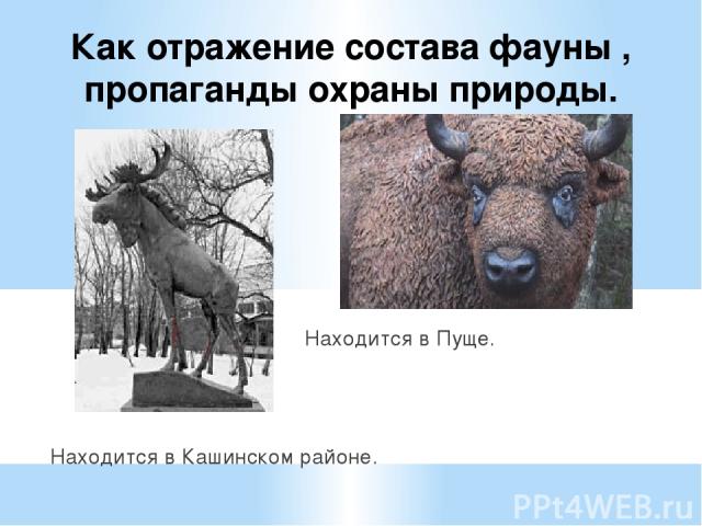 Как отражение состава фауны , пропаганды охраны природы. Находится в Пуще. Находится в Кашинском районе.