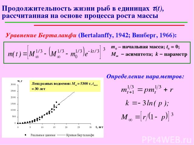 Продолжительность жизни рыб в единицах t(t), рассчитанная на основе процесса роста массы Уравнение Берталанфи (Bertalanffy, 1942; Винберг, 1966): m0 – начальная масса; t0 = 0; М∞ – асимптота; k – параметр Определение параметров: Лещ разных водоемов:…