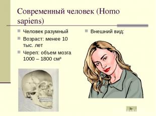 Современный человек (Homo sapiens) Человек разумный Возраст: менее 10 тыс. лет Ч