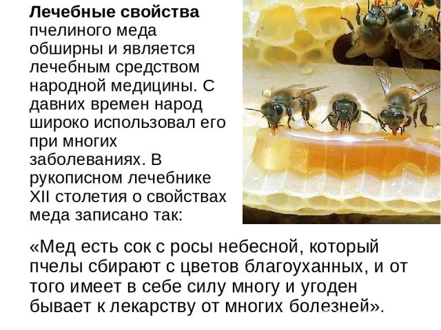 Лечебные свойства пчелиного меда обширны и является лечебным средством народной медицины. С давних времен народ широко использовал его при многих заболеваниях. В рукописном лечебнике XII столетия о свойствах меда записано так: «Мед есть сок с росы н…