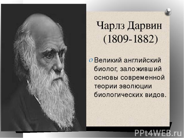 Чарлз Дарвин (1809-1882) Великий английский биолог, заложивший основы современной теории эволюции биологических видов.