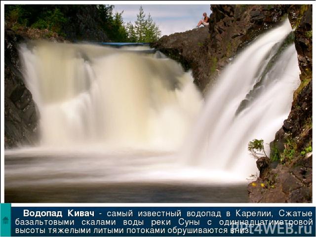 Водопад Кивач - самый известный водопад в Карелии, Сжатые базальтовыми скалами воды реки Суны с одиннадцатиметровой высоты тяжелыми литыми потоками обрушиваются вниз.