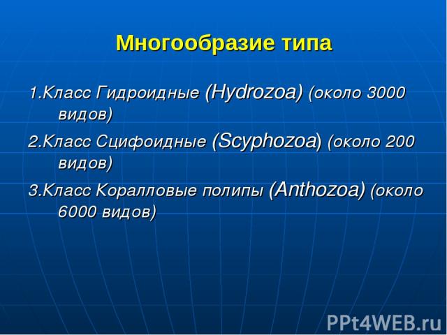 Многообразие типа 1.Класс Гидроидные (Hydrozoa) (около 3000 видов) 2.Класс Сцифоидные (Scyphozoa) (около 200 видов) 3.Класс Коралловые полипы (Anthozoa) (около 6000 видов)