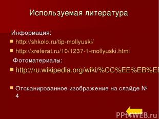 Используемая литература Информация: http://shkolo.ru/tip-mollyuski/ http://xrefe