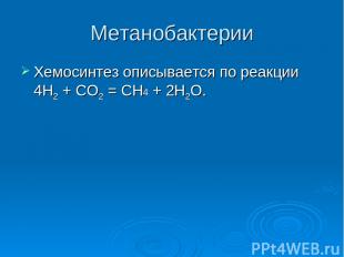 Метанобактерии Хемосинтез описывается по реакции 4H2 + CO2 = CH4 + 2H2O.