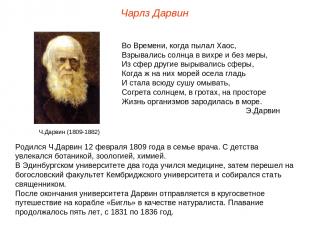 Чарлз Дарвин Родился Ч.Дарвин 12 февраля 1809 года в семье врача. С детства увле