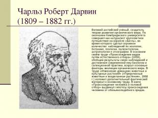 Чарльз Роберт Дарвин (1809 – 1882 гг.) Великий английский учёный, создатель теор