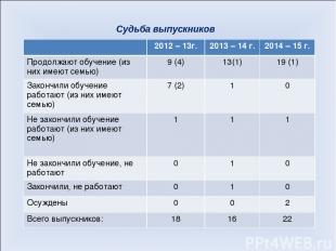 Судьба выпускников 2012 – 13г. 2013 – 14 г. 2014 – 15 г. Продолжают обучение (из