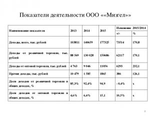 Показатели деятельности ООО ««Мизгел»» * Наименование показателя 2013 2014 2015