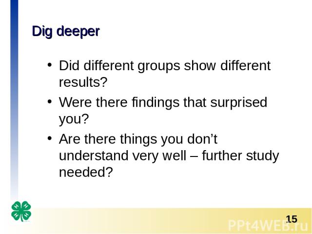 Dig deeper Did different groups show different results? Were there findings that surprised you? Are there things you don’t understand very well – further study needed? *