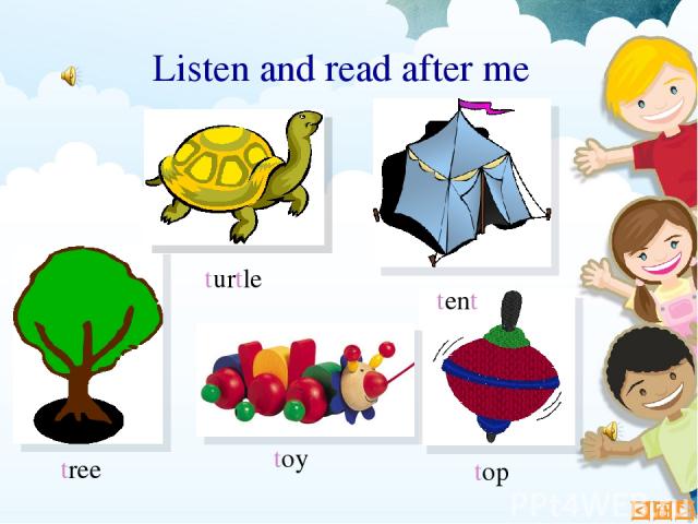 top turtle toy tree tent Listen and read after me