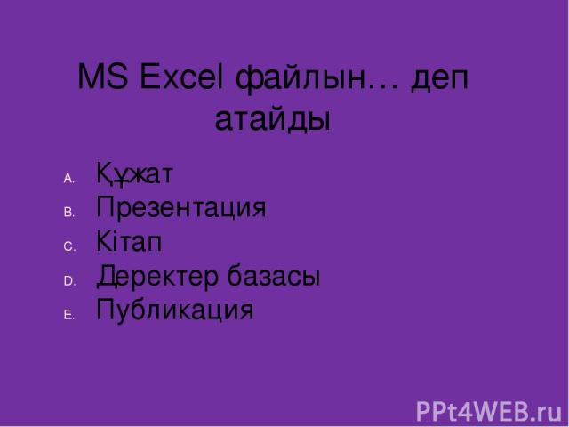 MS Excel файлын… деп атайды Құжат Презентация Кітап Деректер базасы Публикация