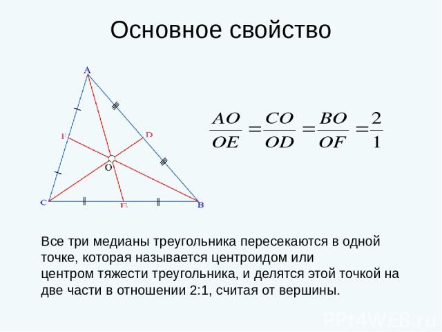 Другие свойства Медиана разбивает треугольник на два равновеликих (по площади) треугольника. Треугольник делится тремя медианами на шесть равновеликих треугольников. В прямоугольном треугольнике медиана, проведённая из вершины с прямым углом, равняе…