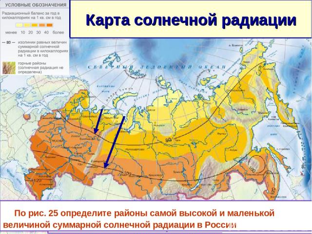 Карта солнечной радиации Изогиета-линия, показывающая равные величины солнечной радиации. (ккал/ кв.см за год) По рис. 25 определите районы самой высокой и маленькой величиной суммарной солнечной радиации в России
